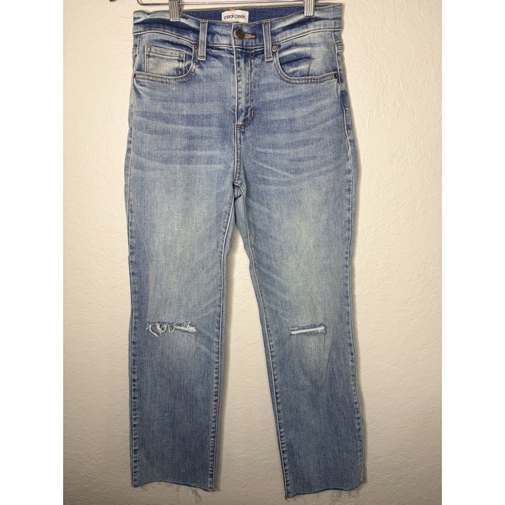 Sneak Peek Medium‎ Wash Distressed Denim High Waisted Frayed Hem Size 26